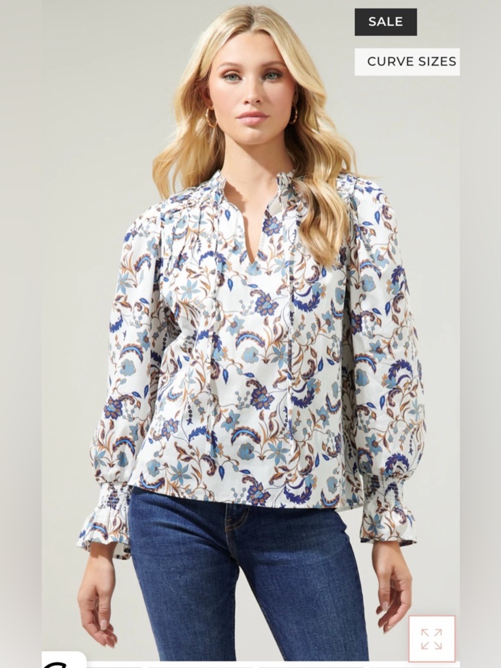 NWT Sugar Lips Floral Print Long-Sleeve Blouse in White and Blue M